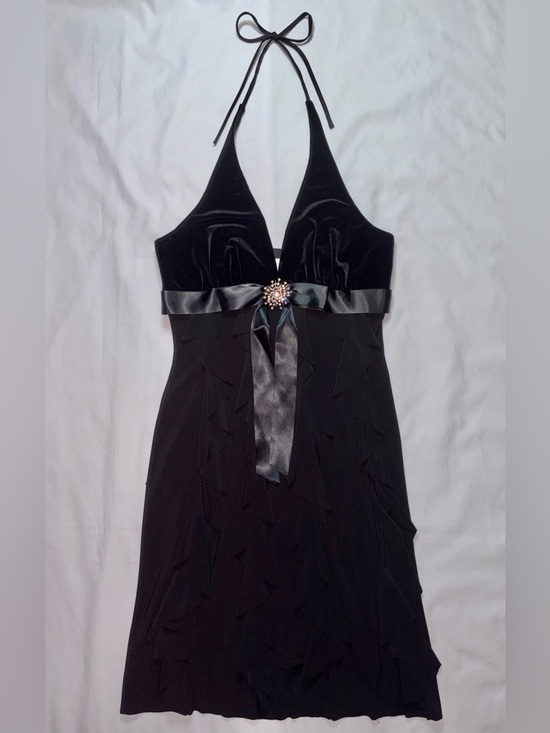 Betsy & Adam Dresses & Skirts - Betsy & Adam Size 10 Black Velvet Halter Rhinestone Ruffle Hem Cocktail Dress